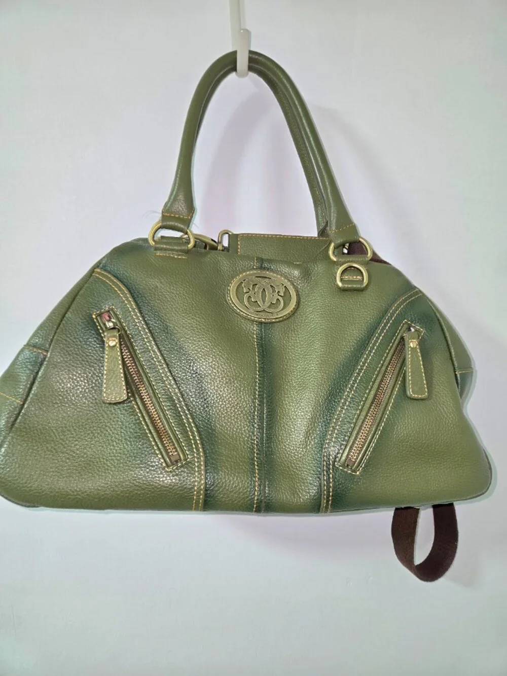Sharif Olive Green Pebbled Satchel Handbag Crossbody Multi Pocket